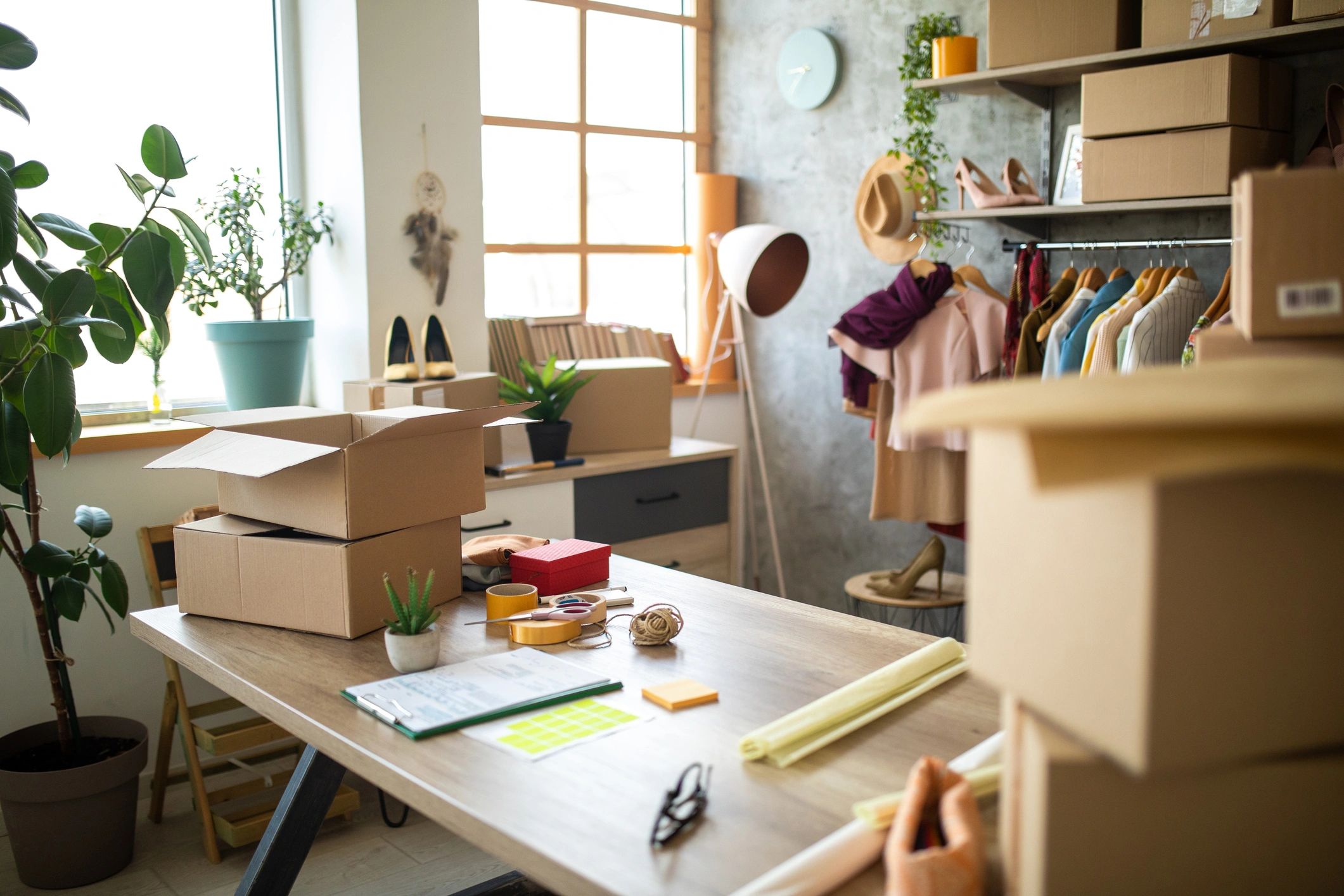 Clothing boutique fulfillment and packaging workspace